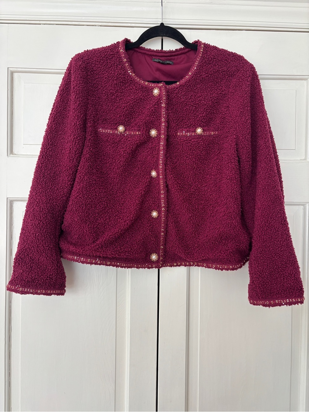 Adrianna‎ Papell Wineberry Solid Crew Neck Pearl Gold Boucle Jacket Size Large
